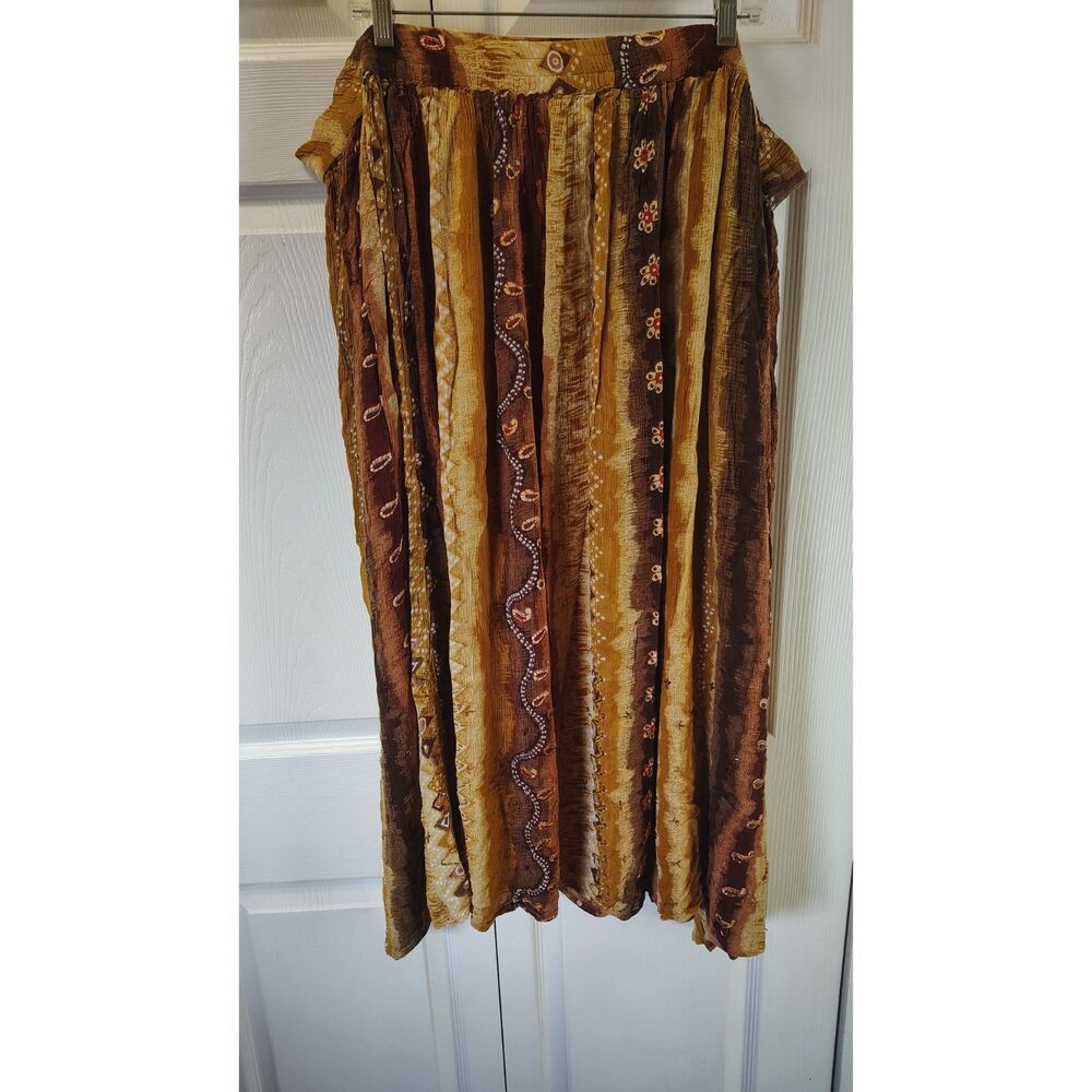 Vintage Speed Limit MPH Boho Broomstick Maxi Skirt Plus 2X Earthy Brown Gold